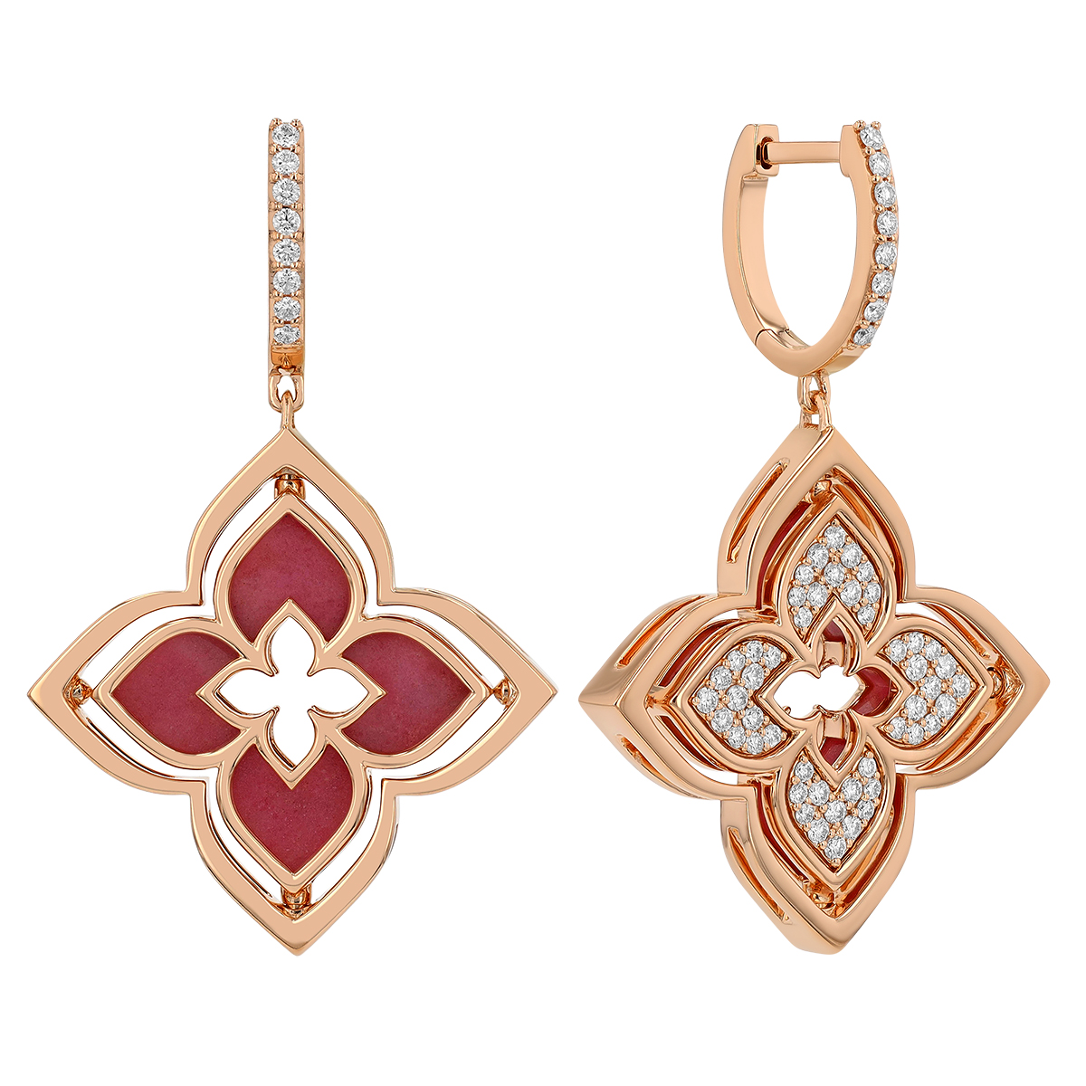 Roberto Coin Venetian Princess Pirouette Diamond Pave & Rhodochrosite Dangle Earrings in Rose Gold