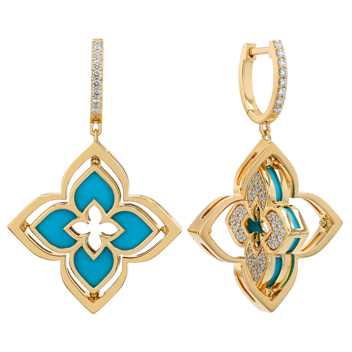 Roberto Coin Venetian Princess Pirouette Diamond Pave & Turquoise Dangle Earrings in Yellow Gold