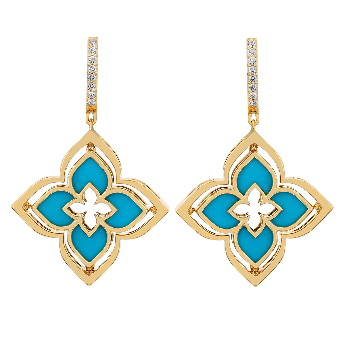 Roberto Coin Venetian Princess Pirouette Diamond Pave & Turquoise Dangle Earrings in Yellow Gold
