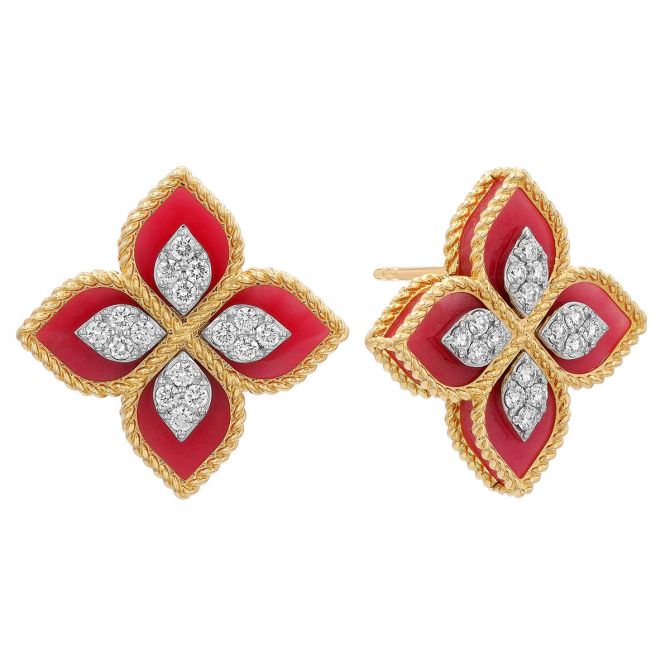 Roberto Coin Venetian Princess Rhodochrosite & Diamond Post Earrings in Yellow Gold