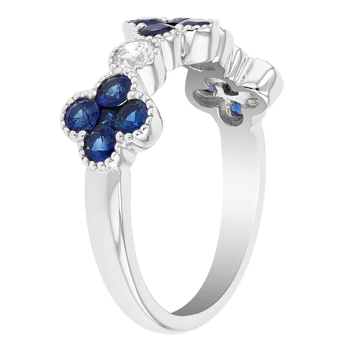Sapphire Cluster Clover & Diamond Pattern Ring in White Gold