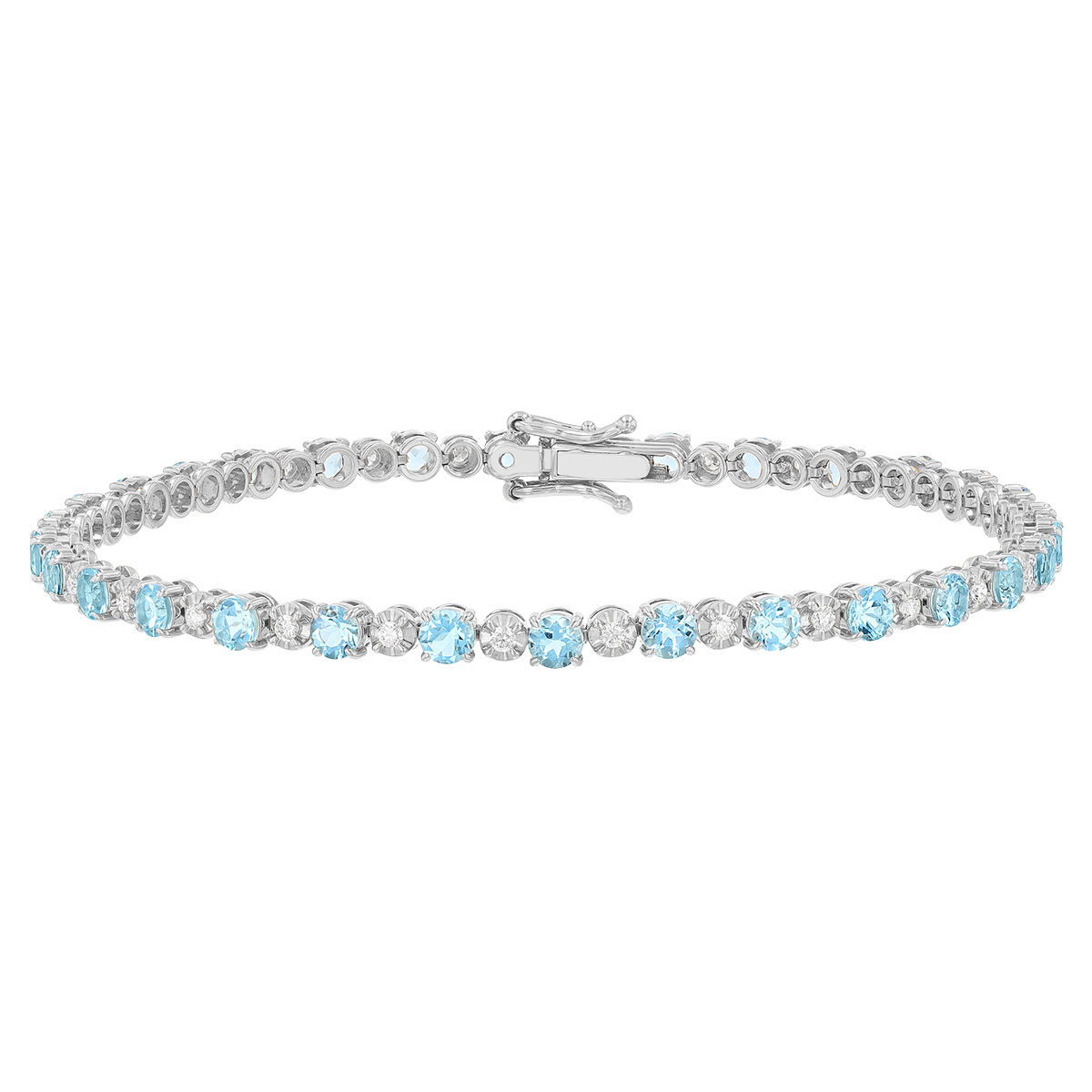 Round Aquamarine & Diamond Alternating Tennis Bracelet in White Gold, 7