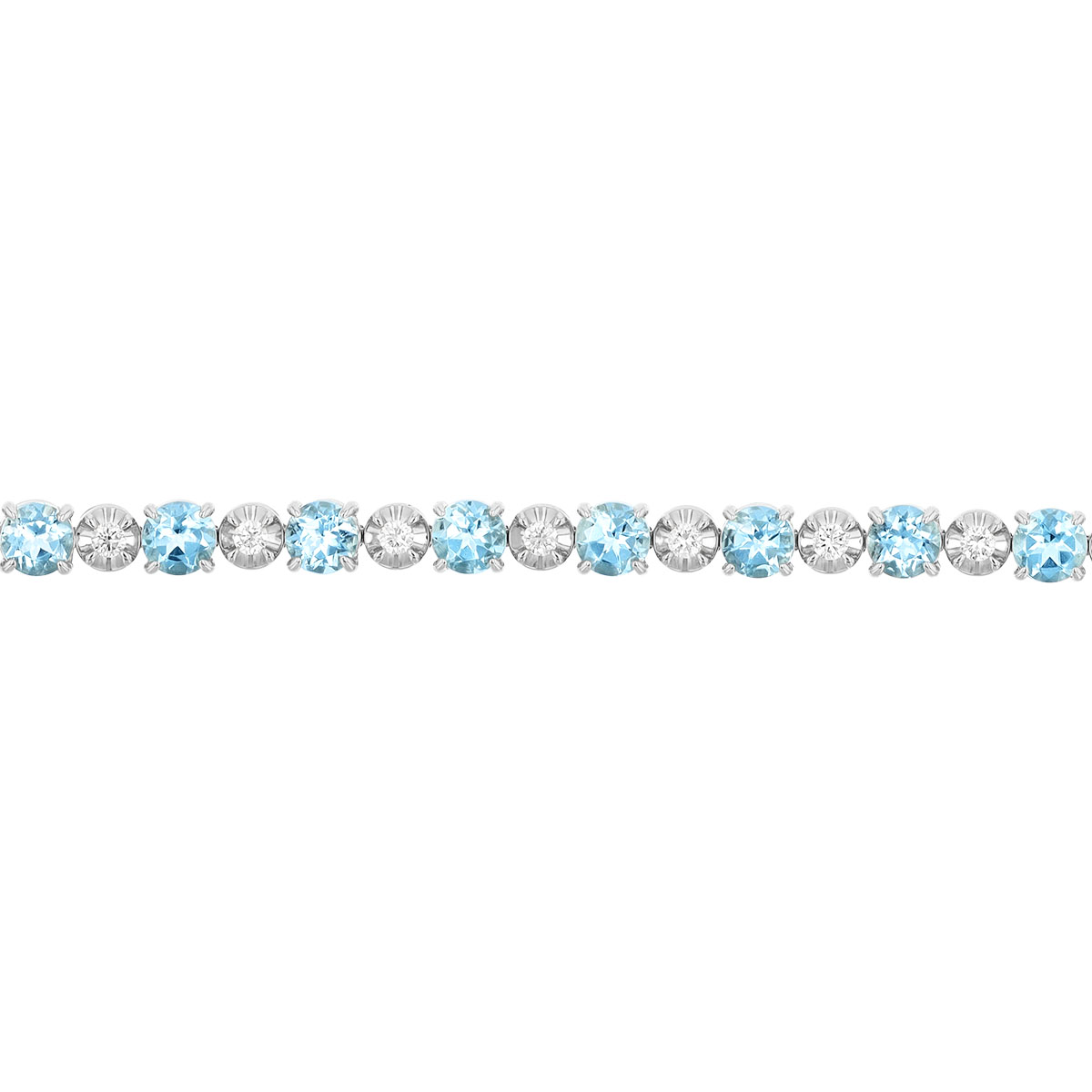 Round Aquamarine & Diamond Alternating Tennis Bracelet in White Gold, 7
