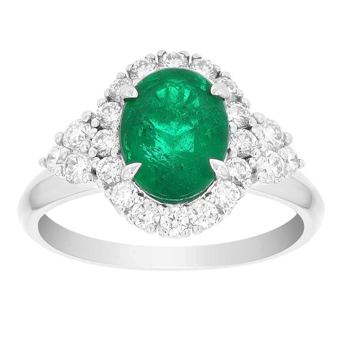 Oval Emerald & Diamond Halo and Side Stone Ring in White Gold