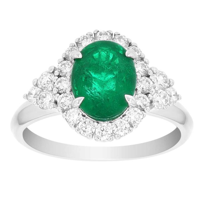 Oval Emerald & Diamond Halo and Side Stone Ring in White Gold
