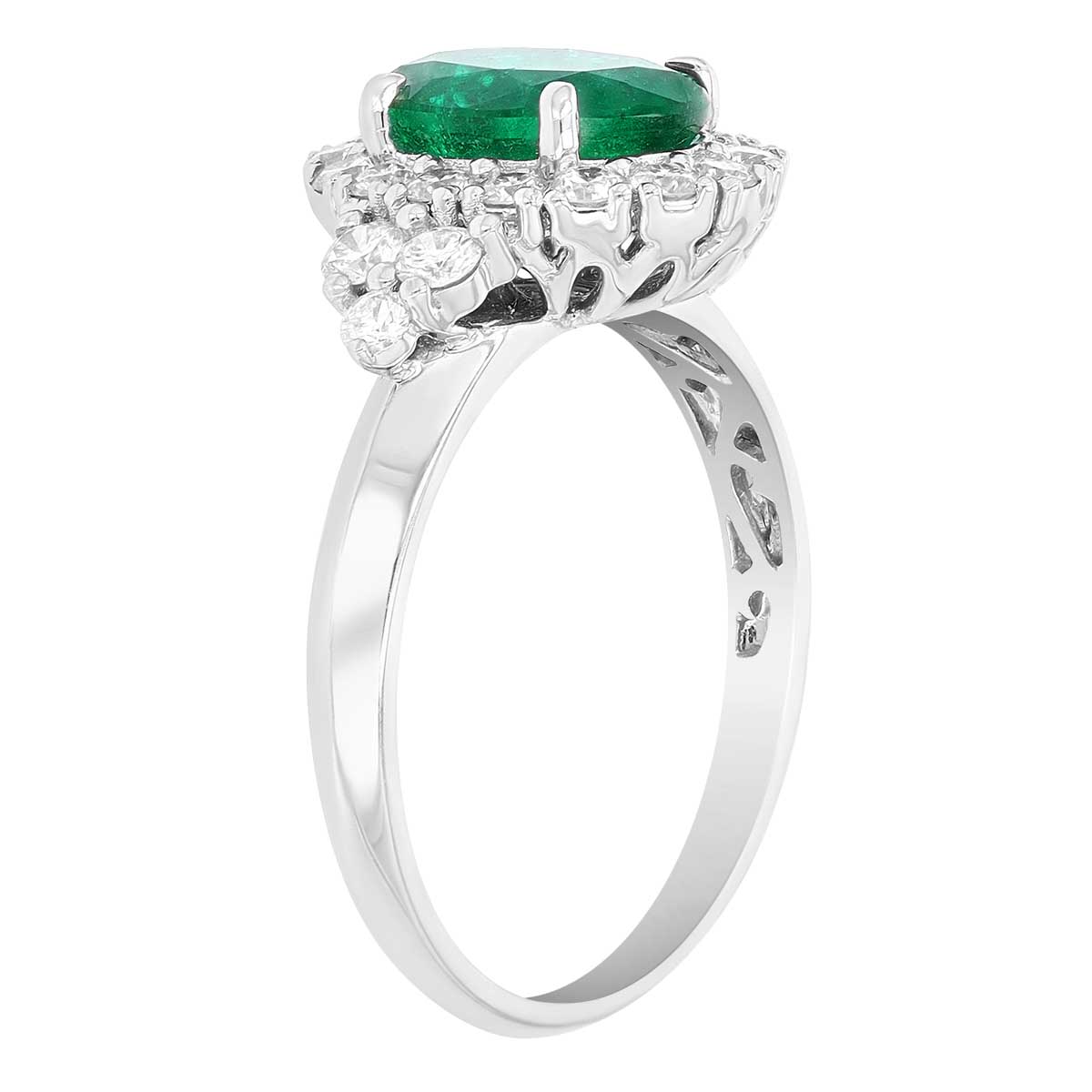 Oval Emerald & Diamond Halo and Side Stone Ring in White Gold