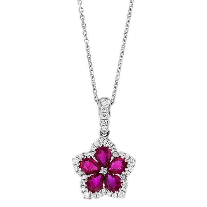 Pear Shape Ruby & Diamond Halo Star Pendant in White Gold