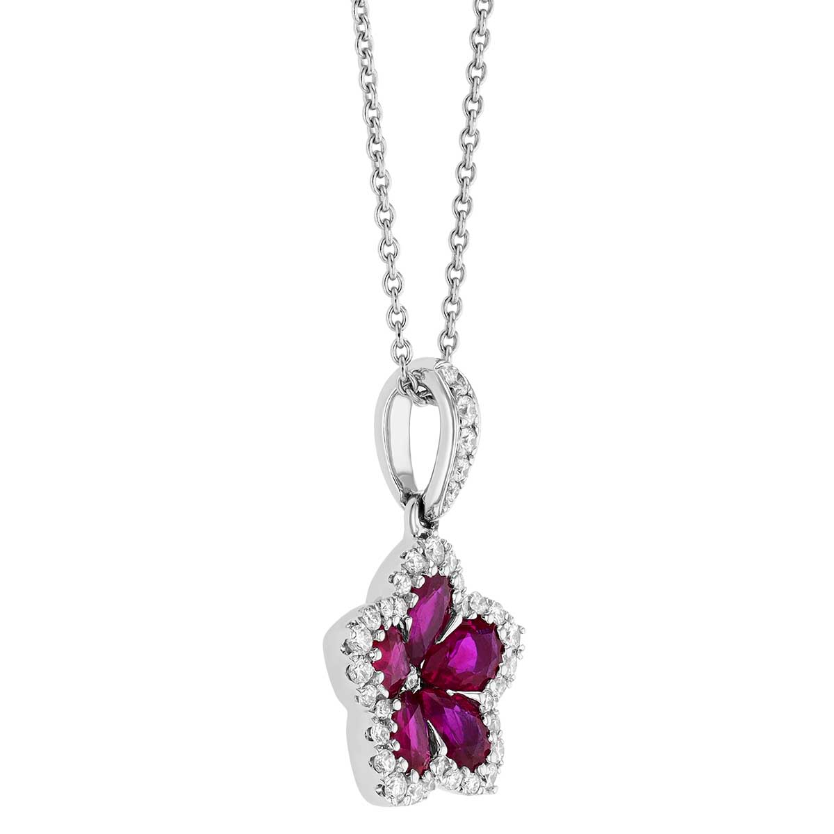 Pear Shape Ruby & Diamond Halo Star Pendant in White Gold