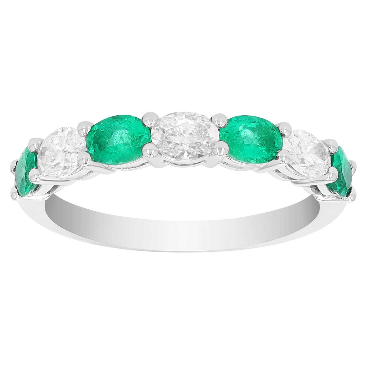 Oval Emearld & Diamond Alternating Pattern Stacking Ring in White Gold