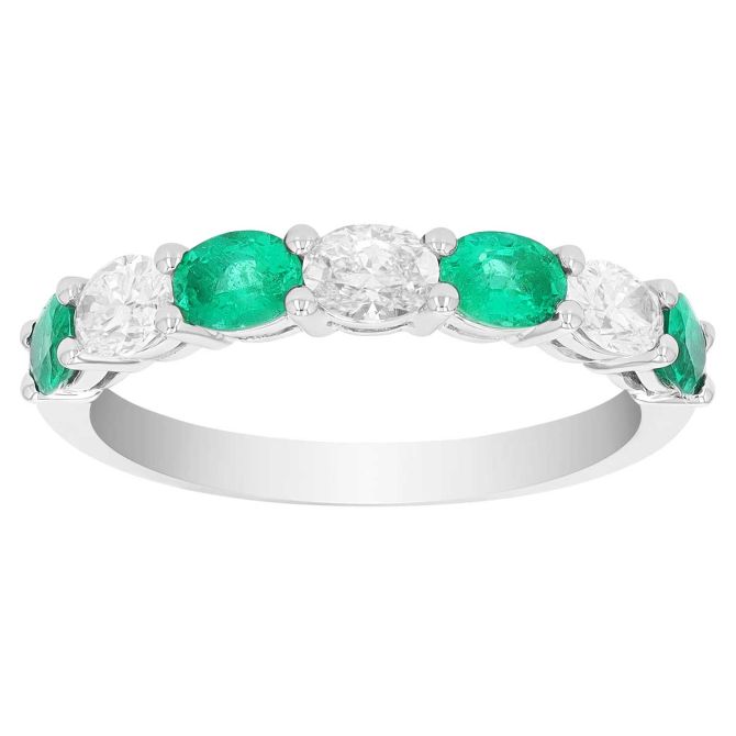 Oval Emearld & Diamond Alternating Pattern Stacking Ring in White Gold