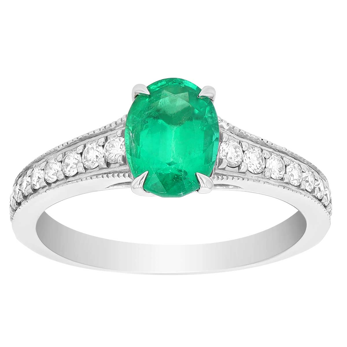 Oval Emerald & Diamond Ring with Milgrain in White Gold