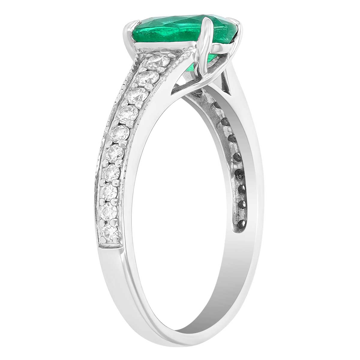 Oval Emerald & Diamond Ring with Milgrain in White Gold