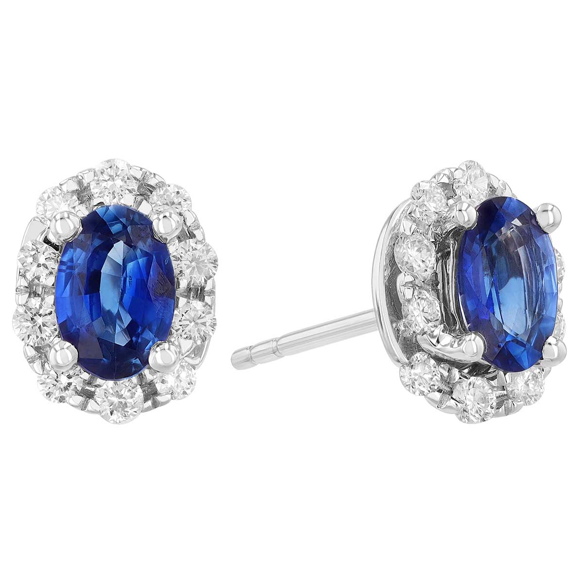 Oval Sapphire & Diamond Halo Stud Earrings in White Gold