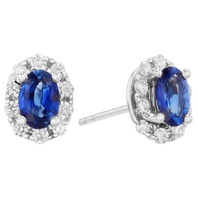 Oval Sapphire & Diamond Halo Stud Earrings in White Gold