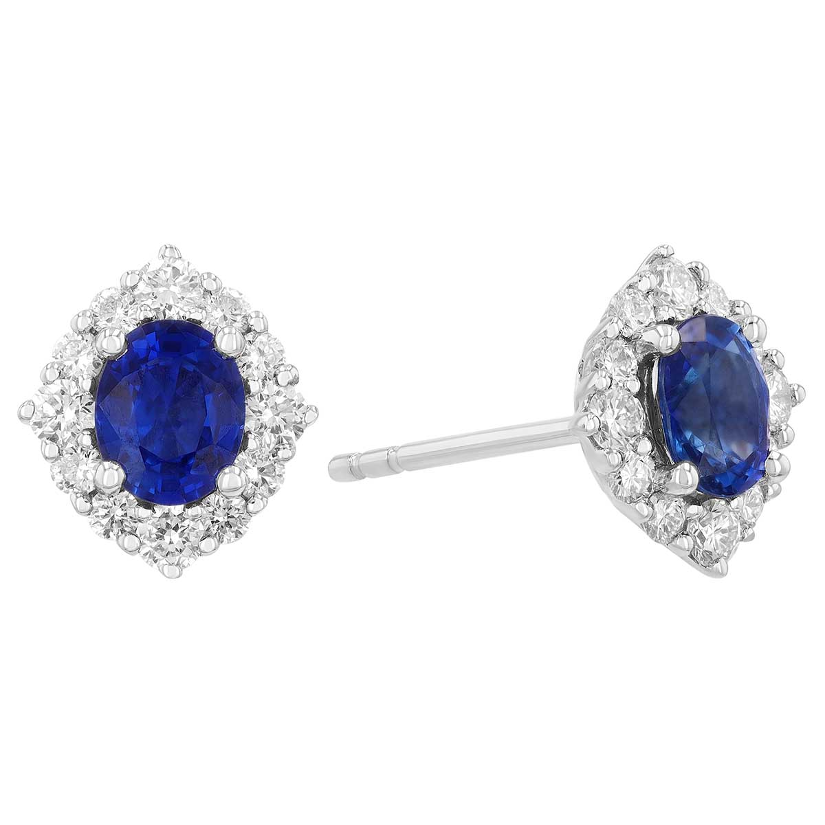 Oval Sapphire & Pointed Diamond Halo Stud Earrings in White Gold