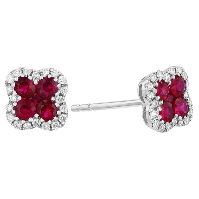 Round Ruby Cluster & Diamond Halo Stud Earrings in White Gold