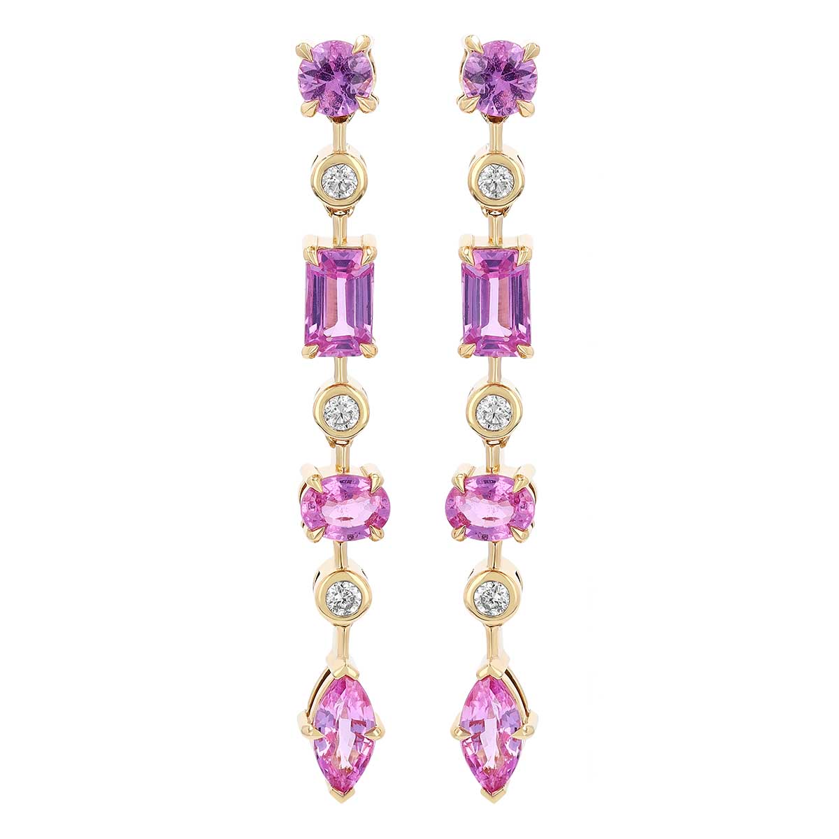 Multi-Shape Pink Sapphire & Diamond Column Dangle Earrings in Yellow Gold