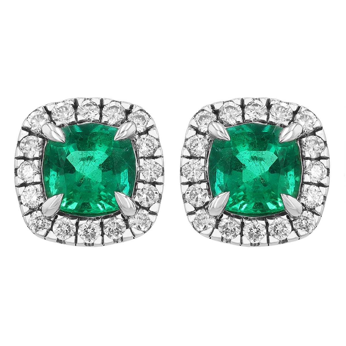 Cushion Cut Emearld & Diamond Halo Stud Earrings in White Gold
