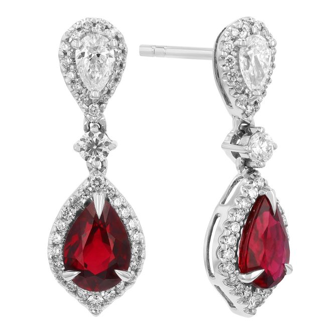 Pear Shape Ruby & Diamond Double Dangle Earrings in White Gold