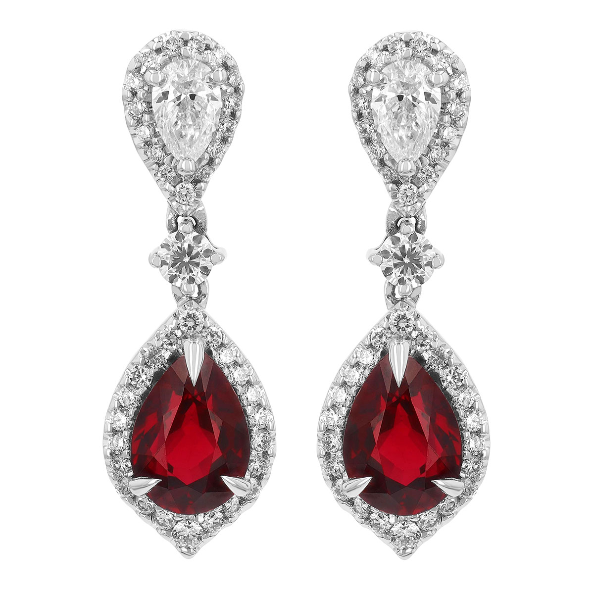 Pear Shape Ruby & Diamond Double Dangle Earrings in White Gold