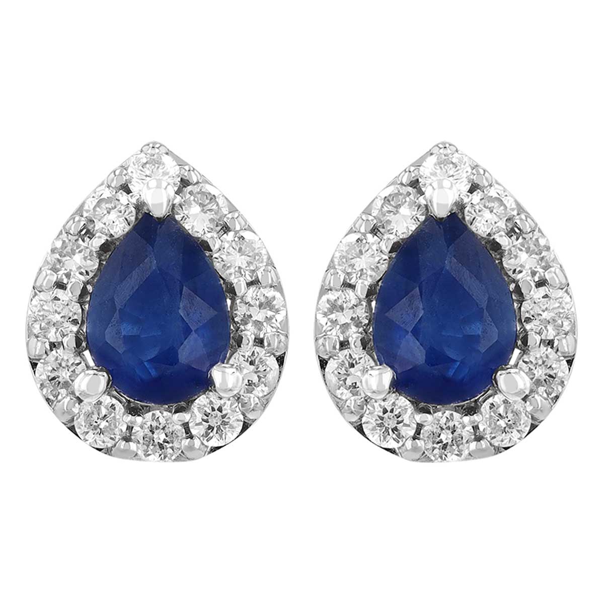 Pear Shape Sapphire & Diamond Halo Stud Earrings in White Gold