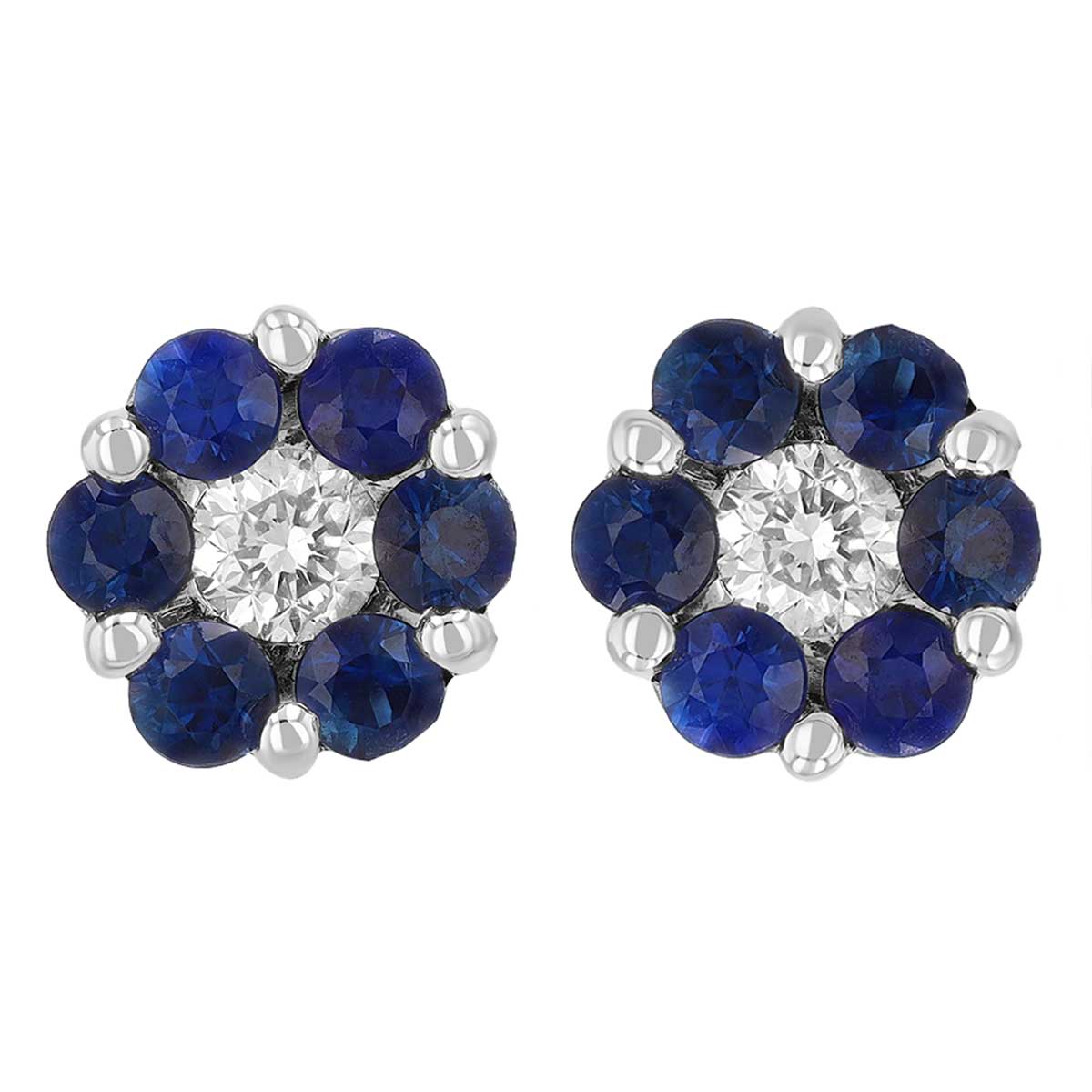 Round Sapphire & Diamond Center Cluster Stud Earrings in White Gold, 1.09 tw