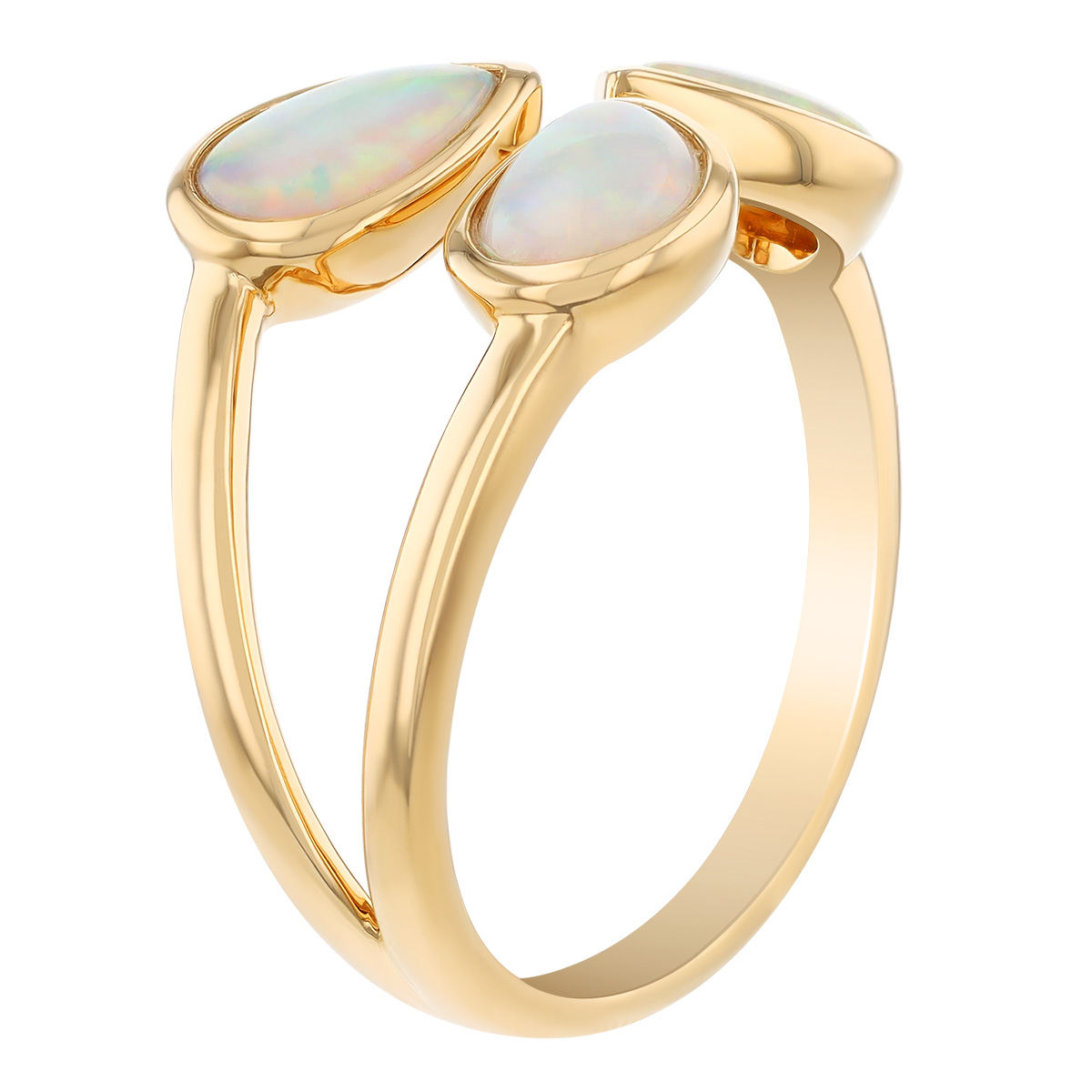 Pear Shape Cabochon Opal Trio Split Band Ring in Yellow Gold
