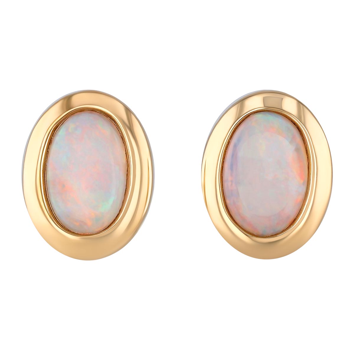 Oval Cabochon Opal Bezel Set Stud Earrings in Yellow Gold