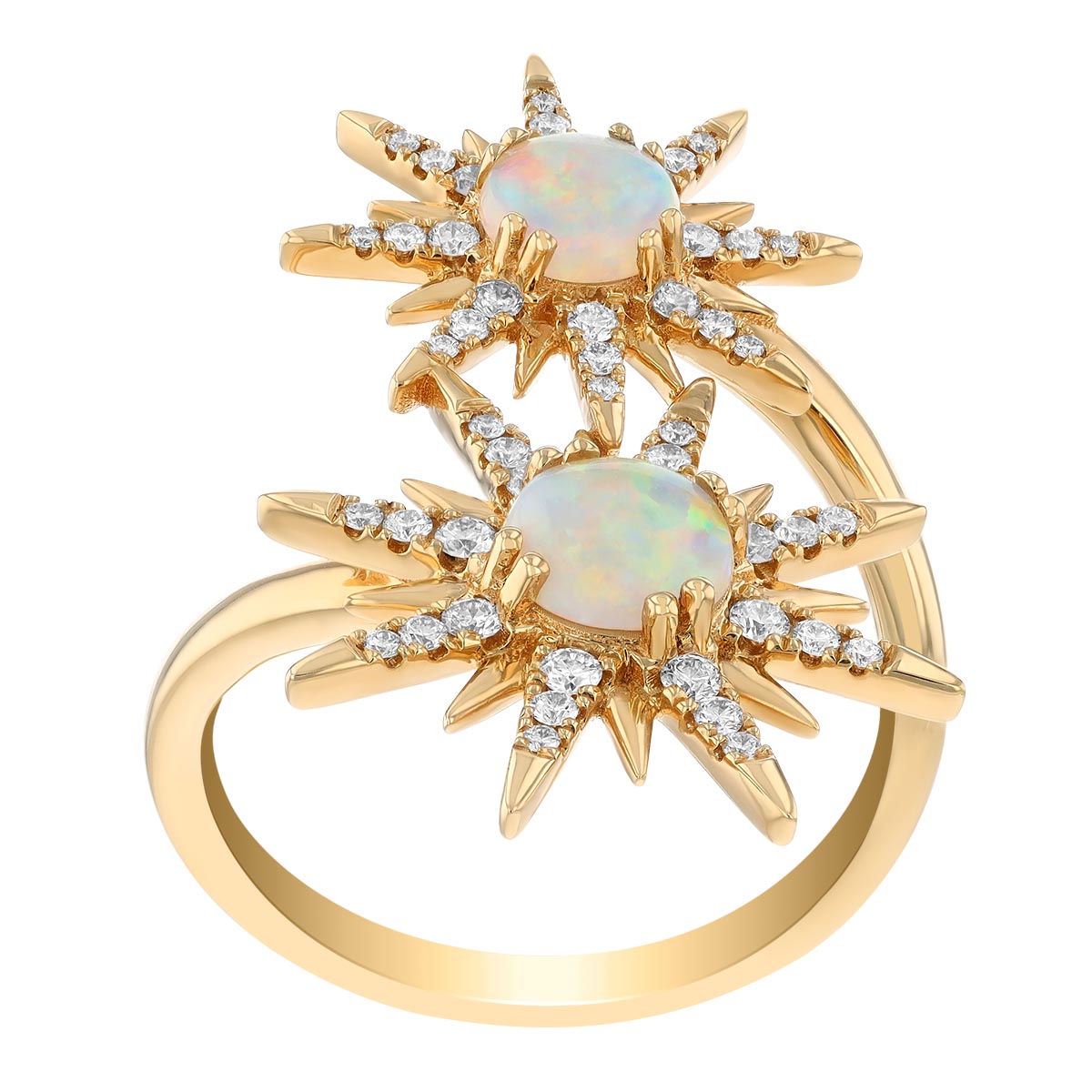 Round Cabochon & Diamond Sunburst Bypass Ring in Yellow Gold