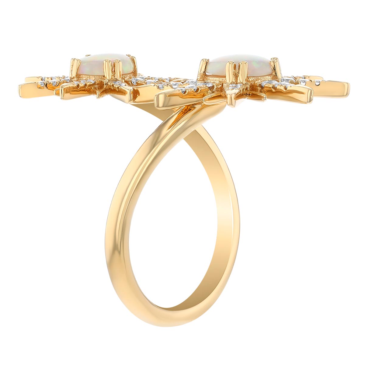 Round Cabochon & Diamond Sunburst Bypass Ring in Yellow Gold