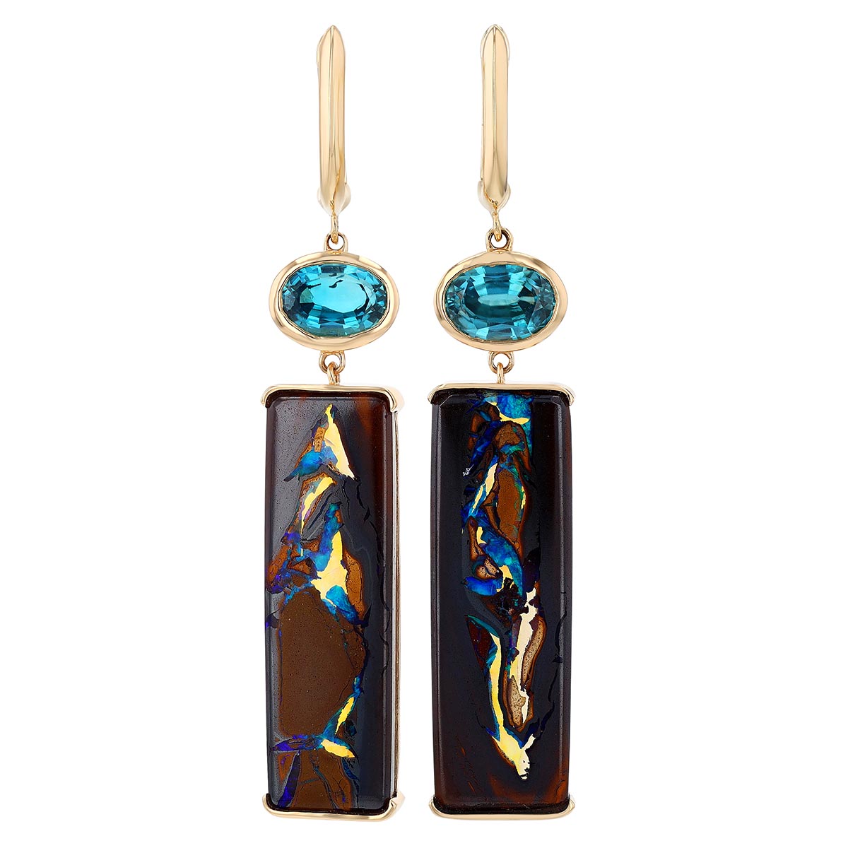 Rectangle Boulder Opal & Oval Zircon Dangle Hoop Earrings in Yellow Gold