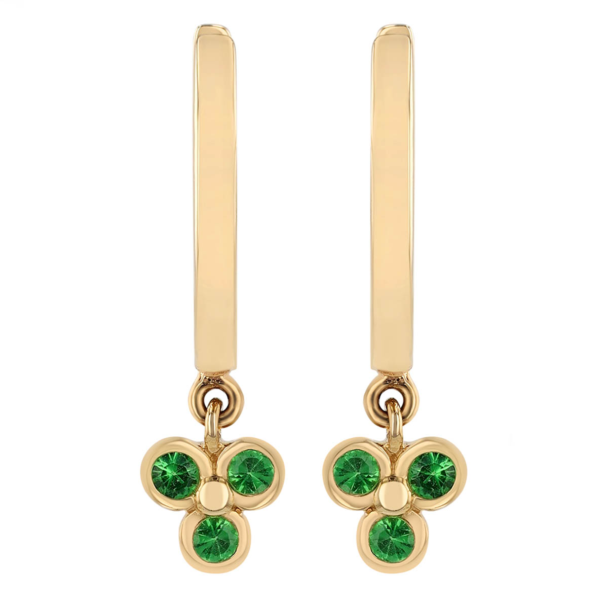 Tsavorite Garnet Trio Dangle Hoop Earrings in Yellow Gold