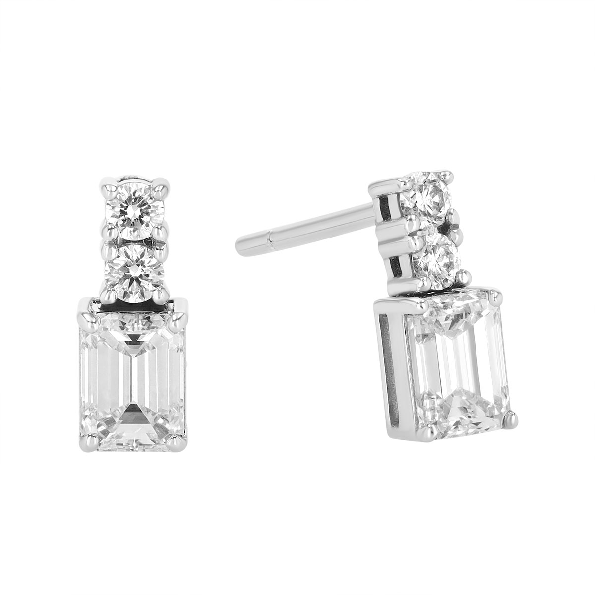 Emerald Cut & Round Diamond Stud Earrings in White Gold
