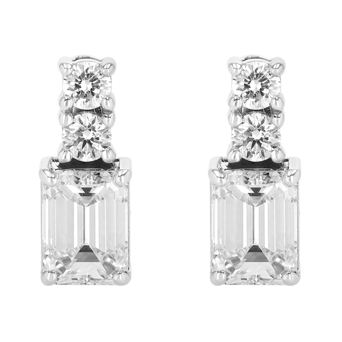 Emerald Cut & Round Diamond Stud Earrings in White Gold