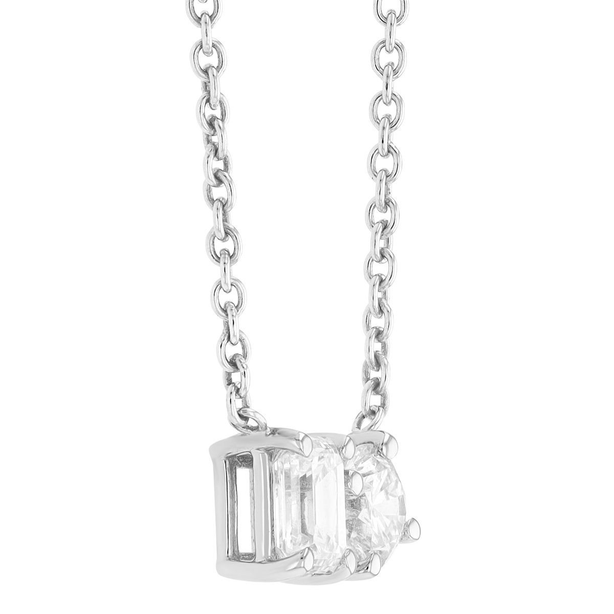 Round & Emerald Cut Diamond Duo Necklace in White Gold