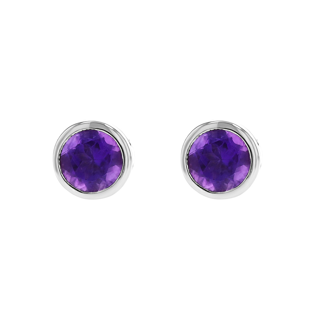 Round Amethyst Bezel Set Stud Earrings in White Gold
