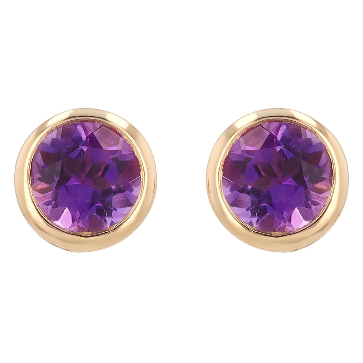 Bezel Set Round Amethyst Stud Earrings in Yellow Gold