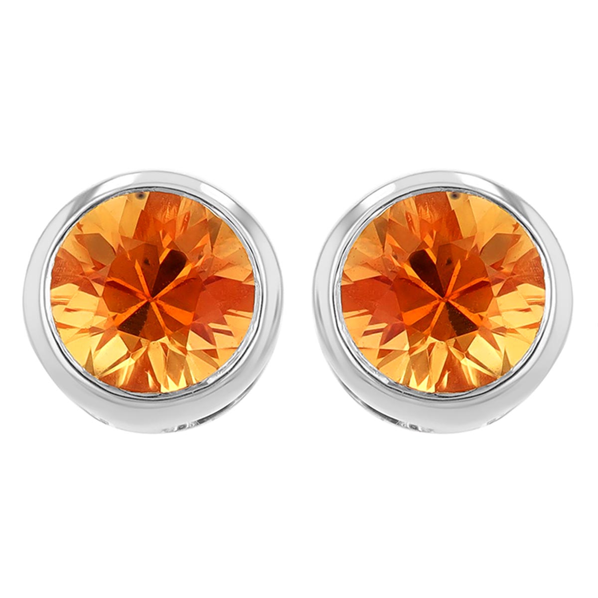 Bezel Set Round Orange Sapphire Stud Earrings in White Gold