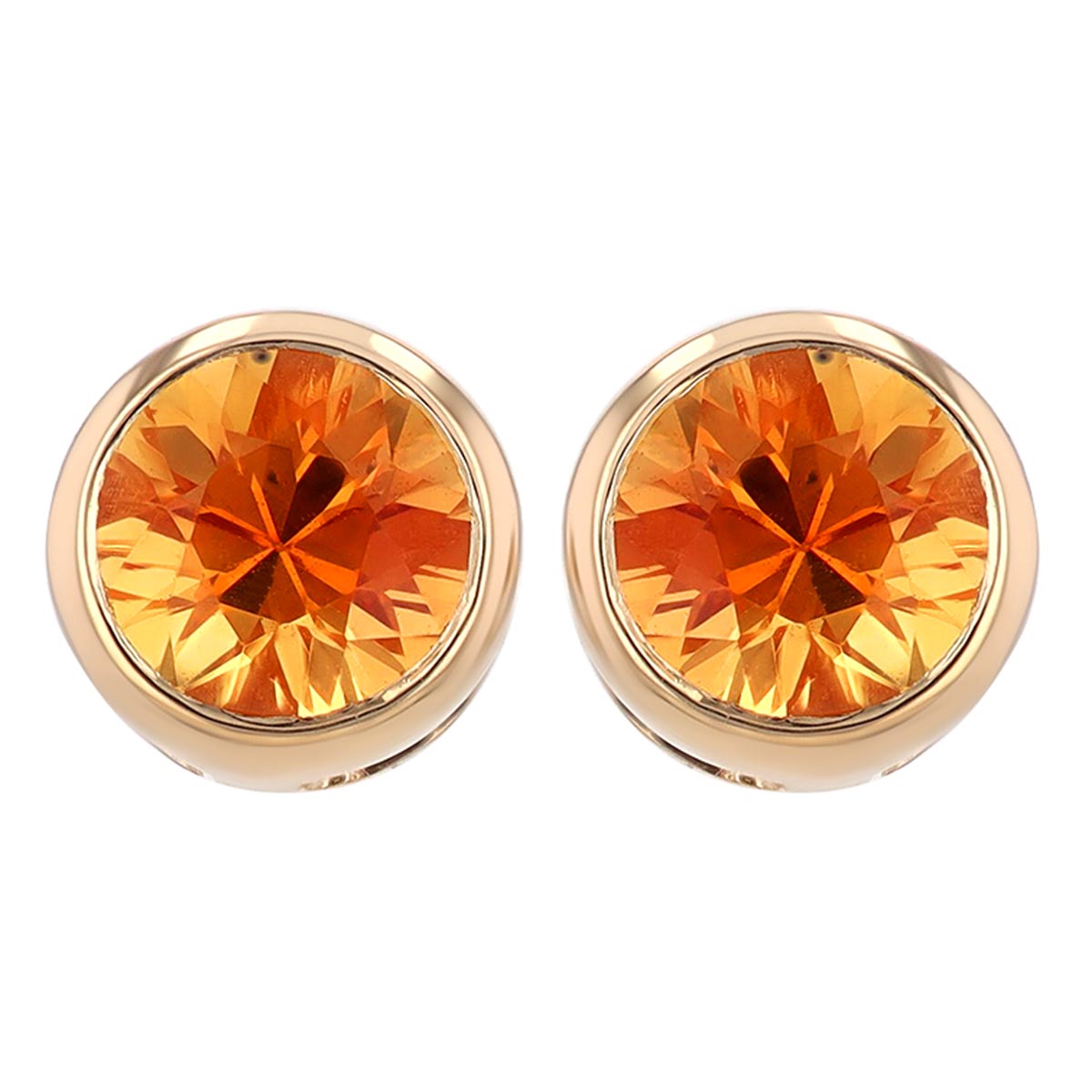 Round Orange Sapphire Bezel Set Stud Earrings in Yellow Gold