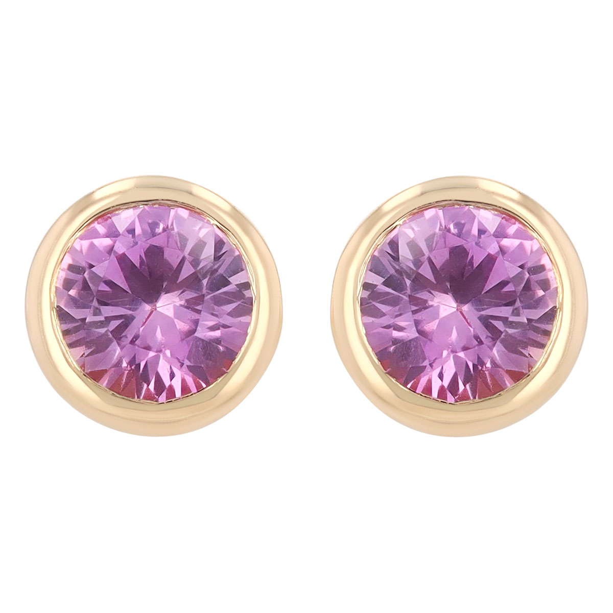 Bezel Set Round Pink Sapphire Stud Earrings in Yellow Gold
