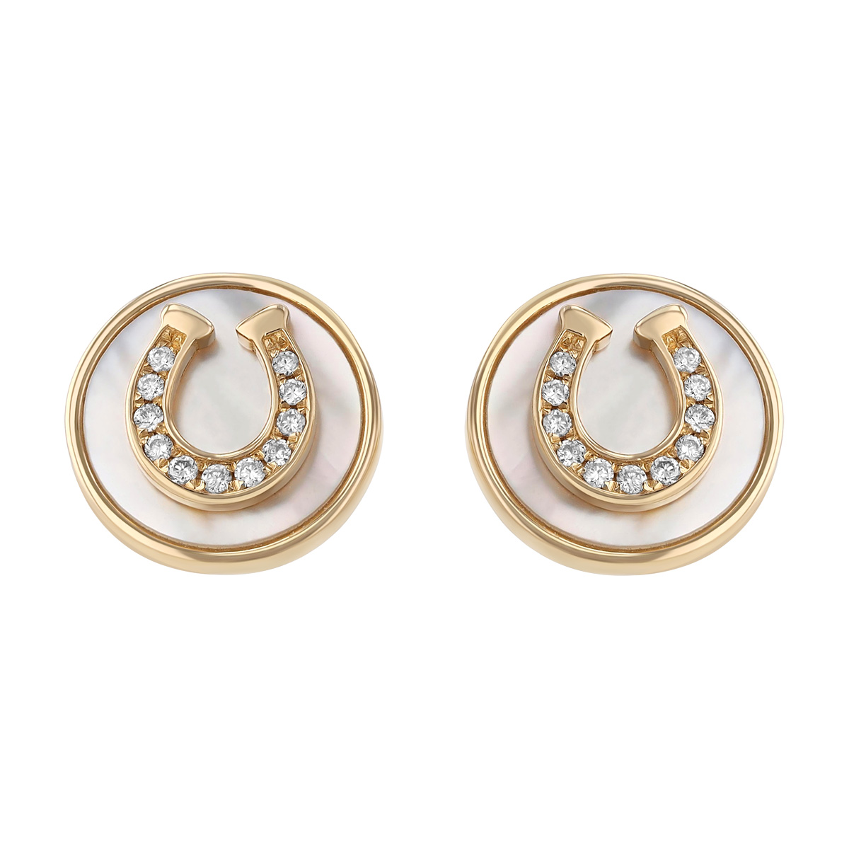 Frederic Sage Diamond Horseshoe & Mother of Pearl Circle Stud Earrings in Yellow Gold