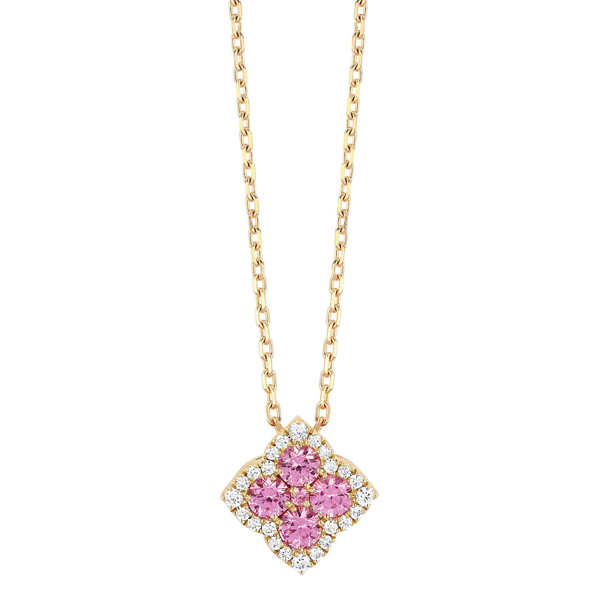 Frederic Sage Pink Sapphire Cluster & Diamond Halo Clover Pendant in Yellow Gold