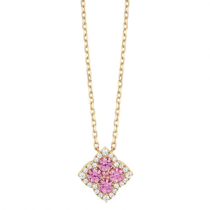 Frederic Sage Pink Sapphire Cluster & Diamond Halo Clover Pendant in Yellow Gold