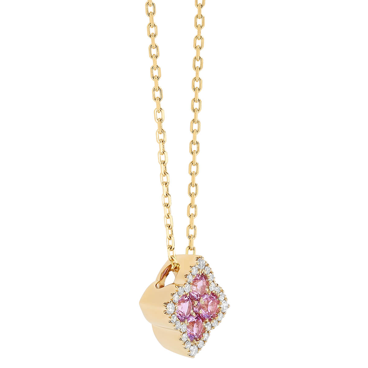 Frederic Sage Pink Sapphire Cluster & Diamond Halo Clover Pendant in Yellow Gold