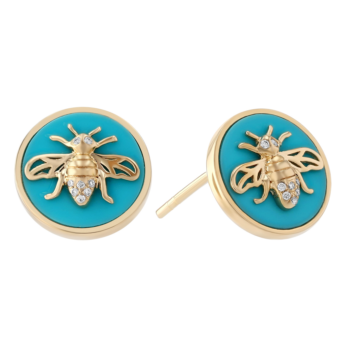 Frederic Sage Diamond Bee & Turquoise Circle Stud Earrings in Yellow Gold