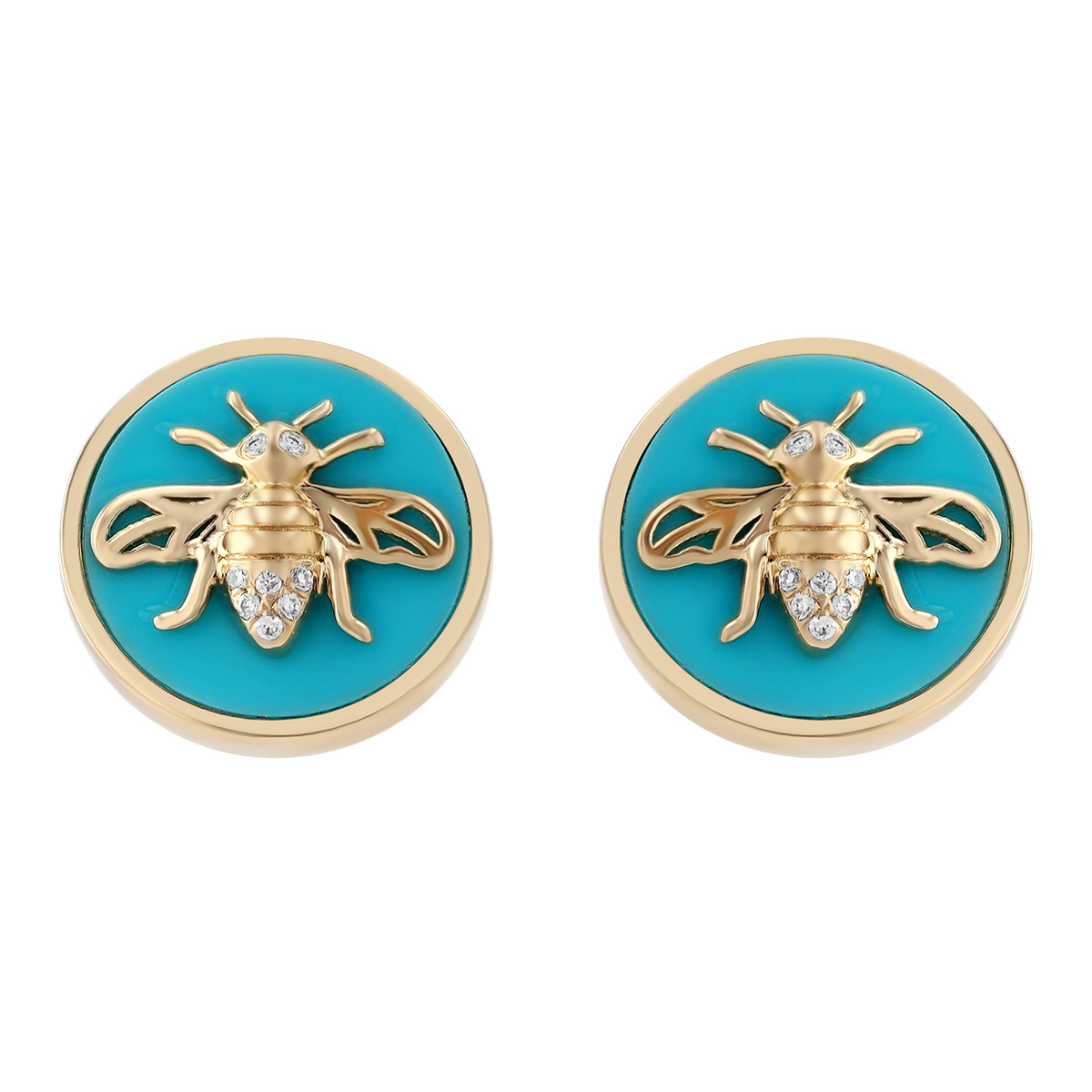 Frederic Sage Diamond Bee & Turquoise Circle Stud Earrings in Yellow Gold