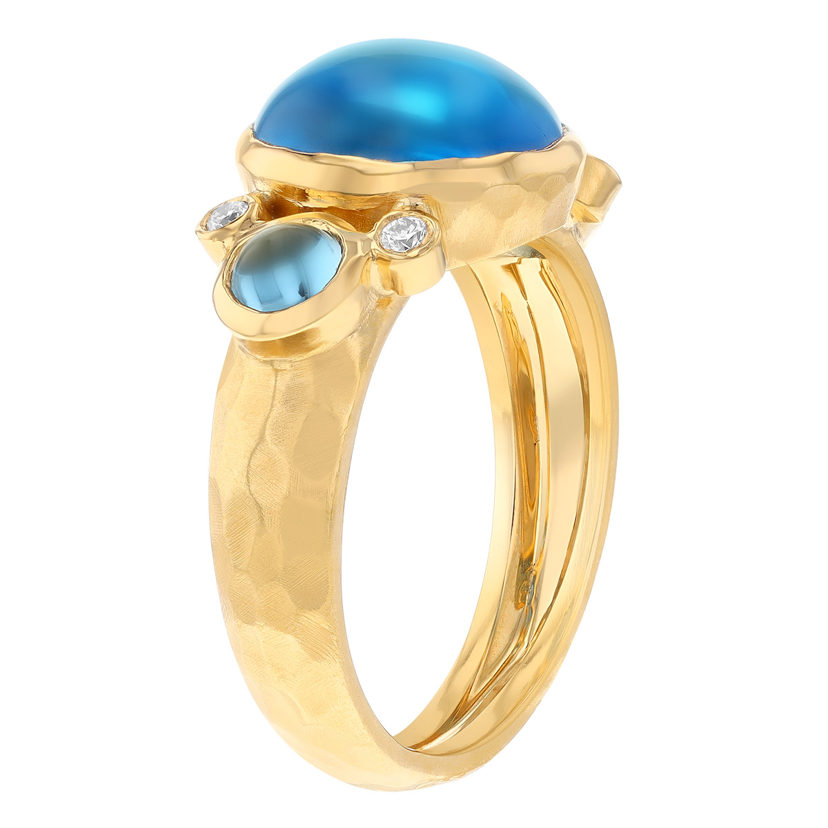 Marika Blue Topaz Cabochon & Diamond Bezel Set Cocktail Ring in Yellow Gold