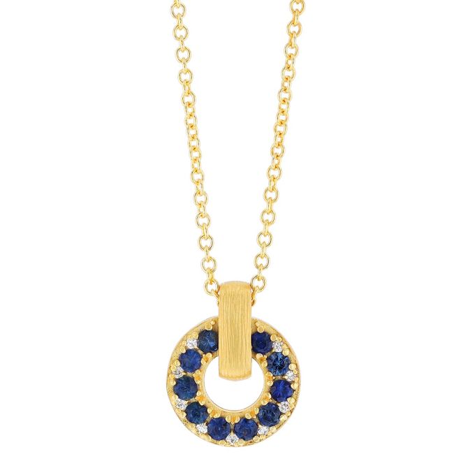 Marika Sapphire & Diamond Open Circle Pendant in Satin Yellow Gold