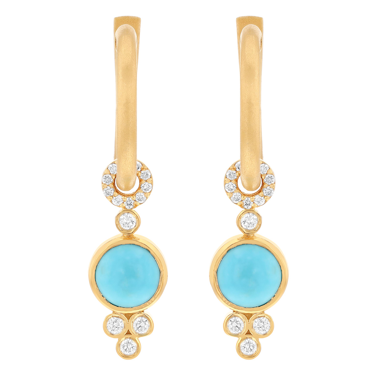 Marika Turquoise Cabochon & Diamond Cluster Dangle Huggie Earrings in Yellow Gold