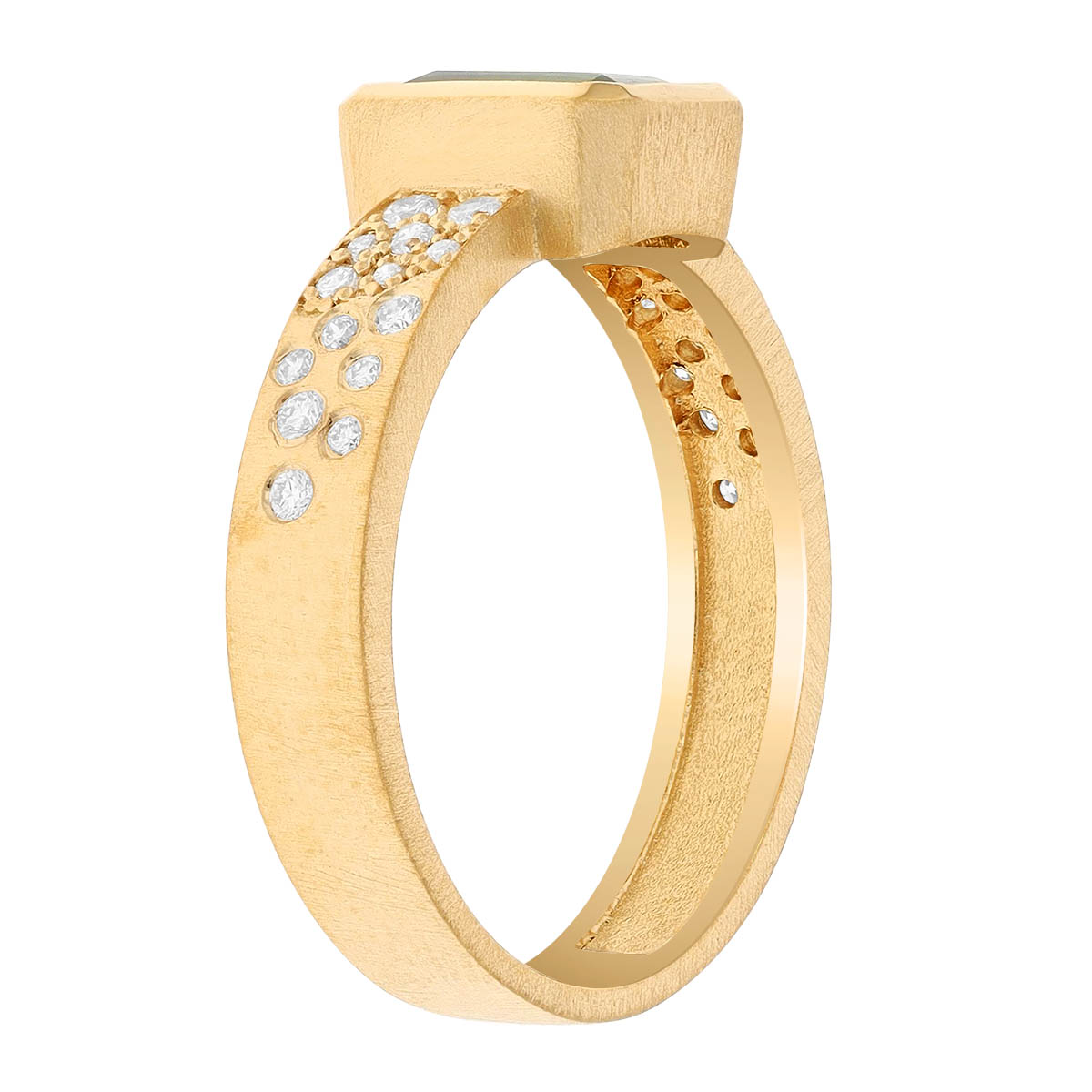 Marika Emerald Cut Green Tourmaline Ring with Flush Set Diamond Shank in Yellow Gold